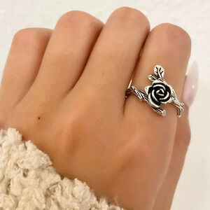 925 Sterling Silver Rose Engraved Ring Silver Vintage Flower Ring